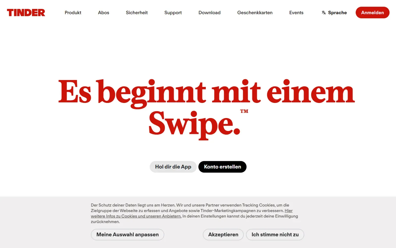 Startseite von Tinder mit dem Slogan „Es beginnt mit einem Swipe“